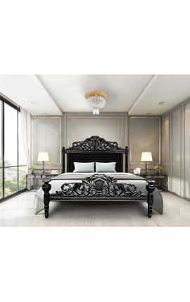 Lit Baroque tissu velours noir avec strass et bois laqué noir