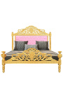 Lit Baroque tissu simili cuir rose et bois doré