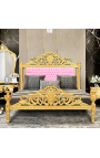 Barok bed kunstleer roze en goud hout