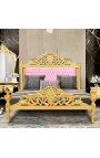 Łóżko w stylu barokowym ekoskóra różowo-złote drewno
