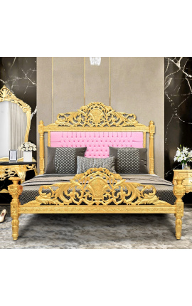 Barock säng konstläder rosa och guld trä