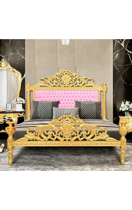 Lit Baroque tissu simili cuir rose et bois doré