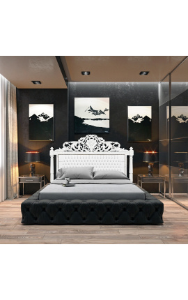 Sänggavel i barock tyg konstläder med vita strass och vitlackerat trä