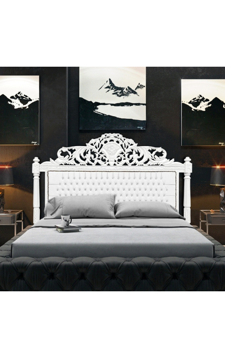 Tête de lit Baroque en simili cuir blanc avec strass et bois laqué blanc