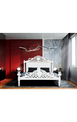 Letto barocco in tessuto ecopelle bianco con strass e legno laccato bianco