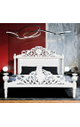 Letto barocco in tessuto ecopelle bianco con strass e legno laccato bianco