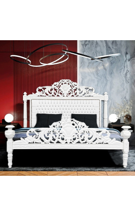 Lit Baroque tissu simili cuir blanc avec strass et bois laqué blanc