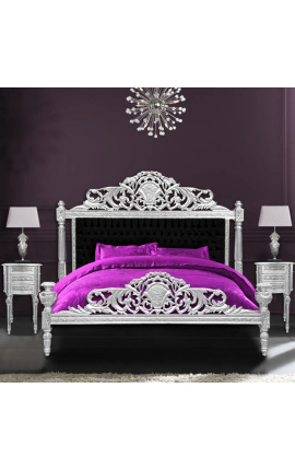 Lit Baroque tissu velours noir et bois argenté