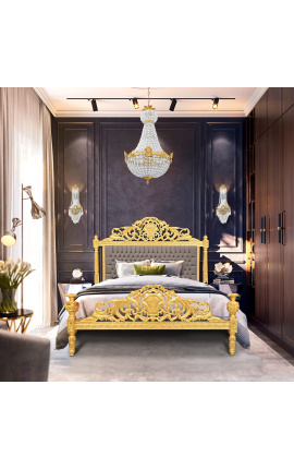Barokni krevet taupe baršunasta tkanina i zlatno drvo