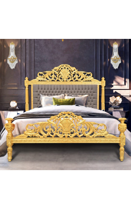 Barokk seng i taupe fløyelsstoff og gulltre