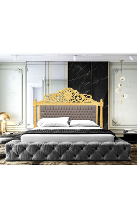 Barokkityylinen sängynpääty taupe samettikangasta ja kultapuuta