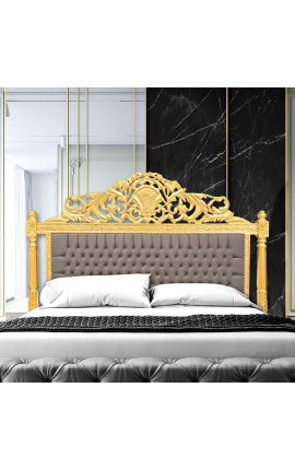 Wezgłowie łóżka w stylu barokowym, aksamitna tkanina w kolorze ciemnoszarym i złote drewno