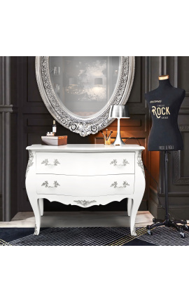 Μπαρόκ συρταριέρα (commode) στιλ Louis XV, λευκή με 2 συρτάρια, ασημί μπρονζέ