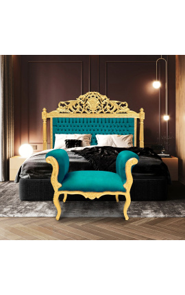 Barokinis lovos galvūgalis smaragdo žalios spalvos aksominis audinys ir aukso mediena