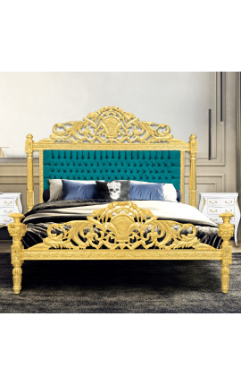 Cama barroca tela de terciopelo verde esmeralda y madera de oro