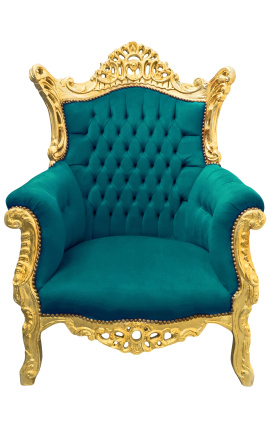 Grand fauteuil Baroque rococo velours vert et bois doré