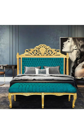Płaska ławka w stylu Ludwika XV szmaragdowozielona aksamitna tkanina i złote drewno
