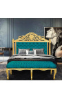Płaska ławka w stylu Ludwika XV szmaragdowozielona aksamitna tkanina i złote drewno