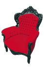 Didelis baroko stiliaus fotelis raudonas aksomas ir juodai lakuota mediena