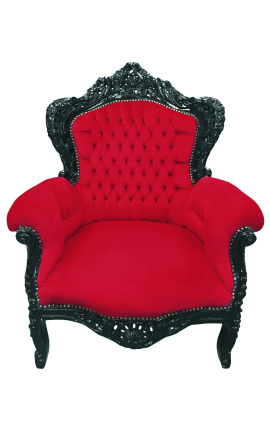 Grand fauteuil de style baroque velours rouge et bois laqué noir