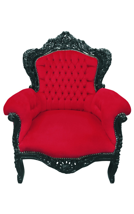 Didelis baroko stiliaus fotelis raudonas aksomas ir juodai lakuota mediena