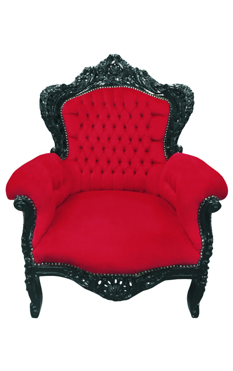 Grand fauteuil de style baroque velours rouge et bois laqué noir