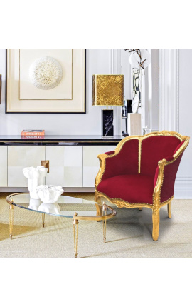 Grote bergere fauteuil Louis XV-stijl rood Bourgondisch fluweel en goud hout