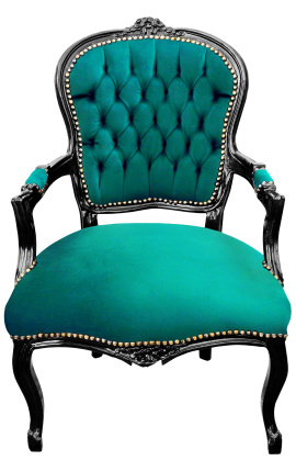 Baroka krēsls no Louis XV Stils Zaļais samts un spīdīgs melns koksne - 1