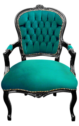 Baroque armchair of Louis XV style green velvet and glossy black wood