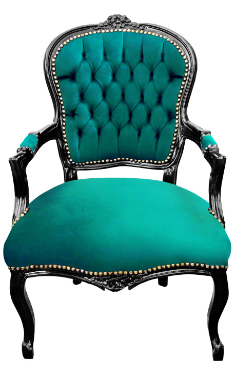 Barock fåtölj av Louis XV stil grön sammet och glänsande svart trä - 1
