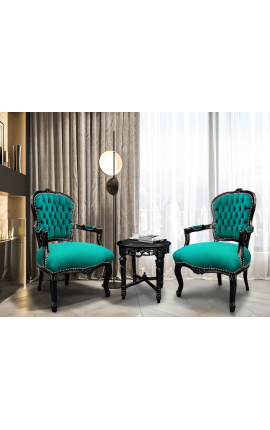 Baroque armchair of Louis XV style green velvet and glossy black wood