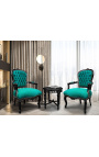 Baroque armchair of Louis XV style green velvet and glossy black wood