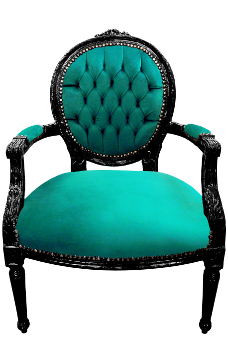 Barocker Sessel im Louis XVI-Stil, medaillongrüner Samt und glänzendes schwarzes Holz
