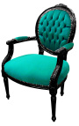 Barocksessel Louis XVI Stil Medaillon grüner Samt und glänzendes schwarzes Holz - 12