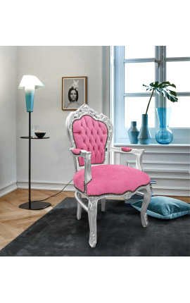 Baroko rokoko stiliaus fotelis rožinis aksomas ir sidabro mediena