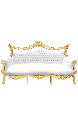 Baroque rococo 3 seater sofa white leatherette and gold wood