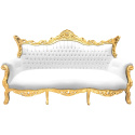 Barockes Rokoko-3-Sitzer-Sofa aus weißem Kunstleder und goldenem Holz