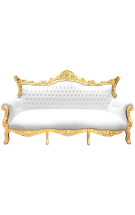 Baroka stila rokoko trīsvietīgs dīvāns, balts no ādas un zelta koka