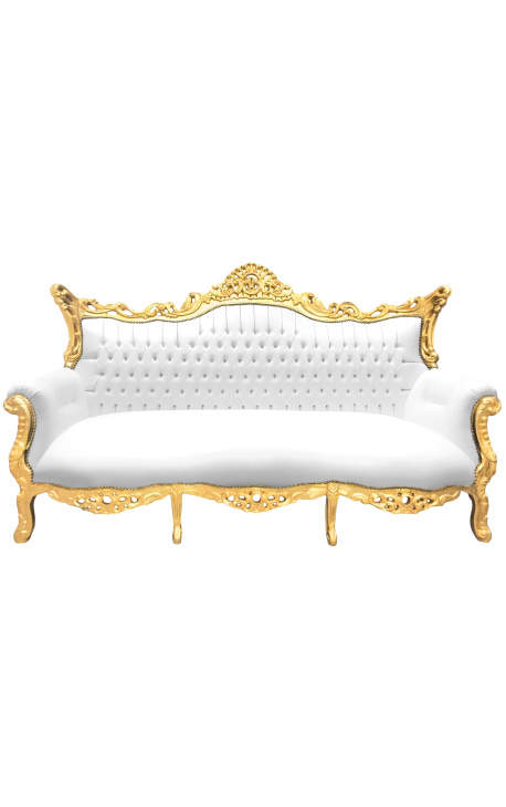 Sofa 3-osobowa w stylu barokowym rokoko biała ekoskóra i złote drewno