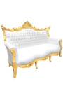 Barock rokoko 3-sits soffa vit konstläder och guldträ