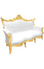 Barroco rococo 3 sofá de cuero blanco y madera de oro