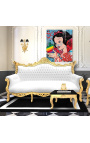Sofá barroco rococó de 3 lugares couro sintético branco e madeira dourada