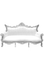 Barock rokoko 3-sits soffa vit konstläder och silverträ