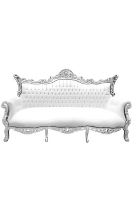 Μπαρόκ ροκοκό καναπές 3 θέσεων λευκή δερματίνη και ασημί ξύλο
