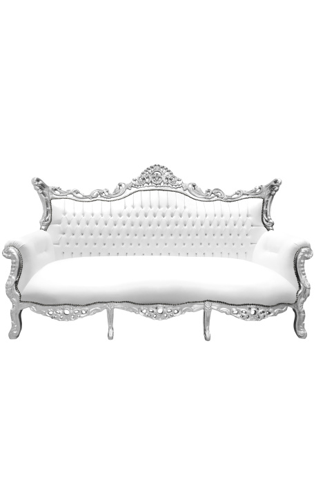 Sofá barroco rococó de 3 lugares em couro sintético branco e madeira prateada