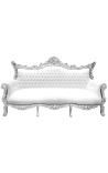 Barockes Rokoko-3-Sitzer-Sofa aus weißem Kunstleder und silbernem Holz