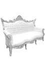 Barokk rokokko 3-seters sofa hvitt skinn og sølvtre