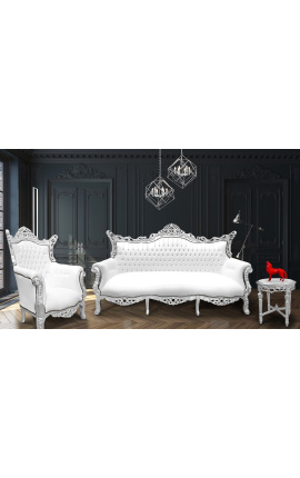 Barock rokoko 3-sits soffa vit konstläder och silverträ