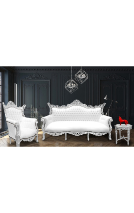 Barokki rokokoo 3 istuttava sohva valkoinen keinonahka ja hopea puu