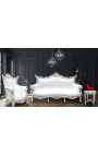 Barokinė rokoko 3 sėdimoji sofa iš baltos odos ir sidabrinės medienos